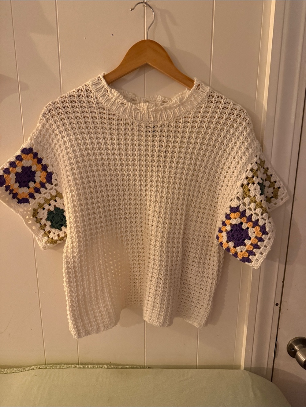 Universal Thread Cream Crochet Knit Sweater with Purple & Green Accent